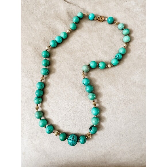 Vintage Chinese Turquoise Carved Shou Bead Strand Gold Plated Necklace - Picture 4 of 5